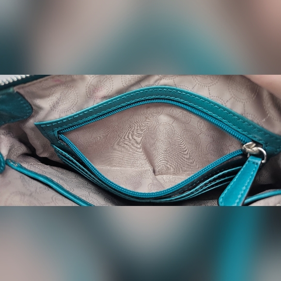 Michael Kors Large Fallon Leather Aqua Turquoise Silver Zip Clutch Wristlet - Picture 14 of 16